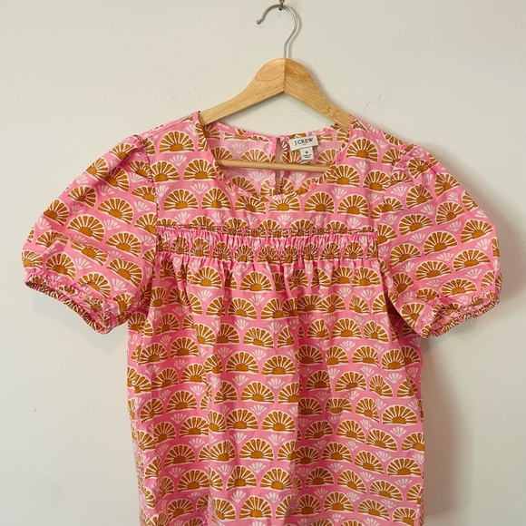 J. Crew Pink and Orange Puff Sleeve Smocked Blouse - Picture 1 of 6